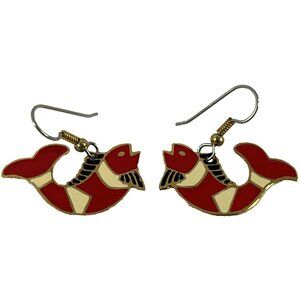 Gold Tone Red Blue White Enamel Fish Koi Dangle Earrings Fishing Beach Ocean